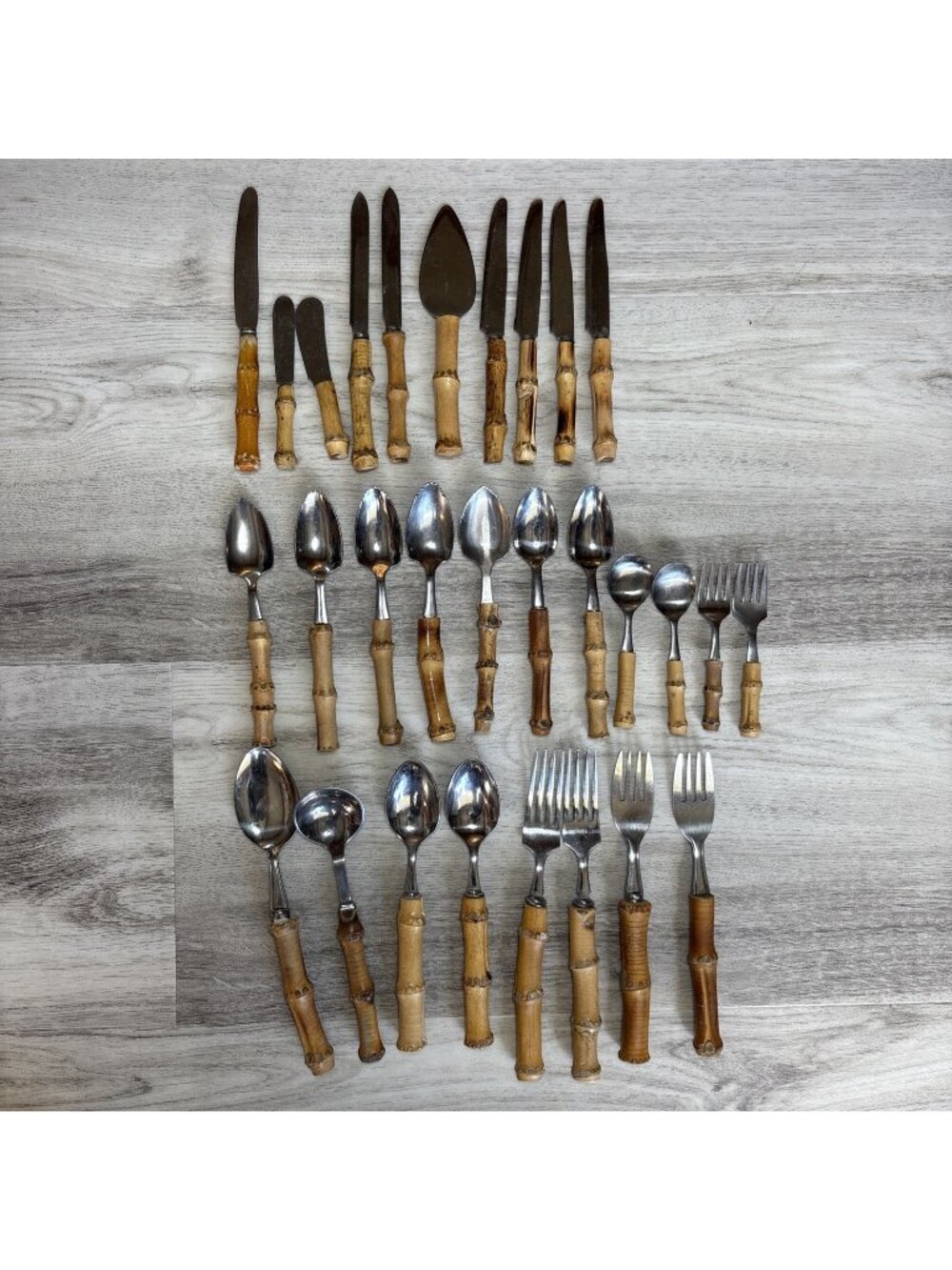 Vtg 29pc Bamboo Handle Flatware Silverware and Serving Pieces Stainless Japan - Picture 1 of 14